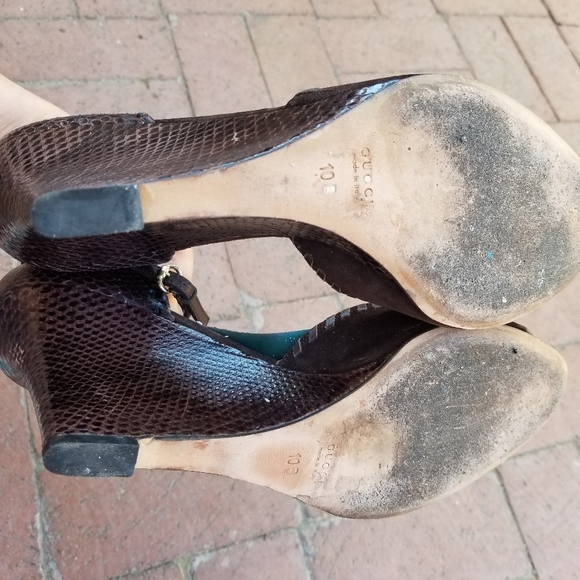 GUCCI Snakeskin Whipstitch Ankle Strap Wedges - Picture 5 of 11